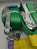 4x 5t green with reflective strips soft link car trailer transporter tie down heavy duty ratchet straps.