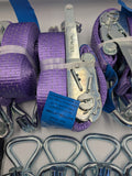 4x 5t purple with reflective lines over tyre car trailer transporter tie down heavy duty ratchet straps.